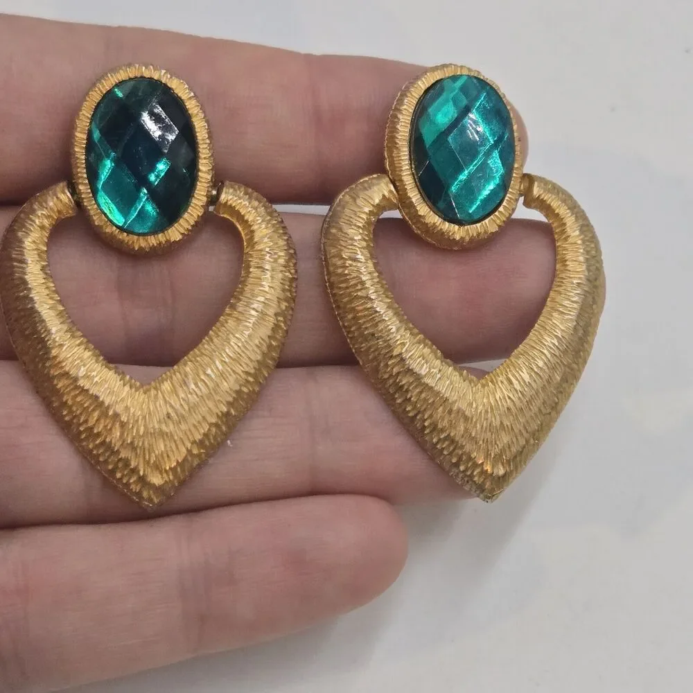 Vintage Emerald Green Designer Style Doorknocker Rhinestone Dangle Earrings 2”